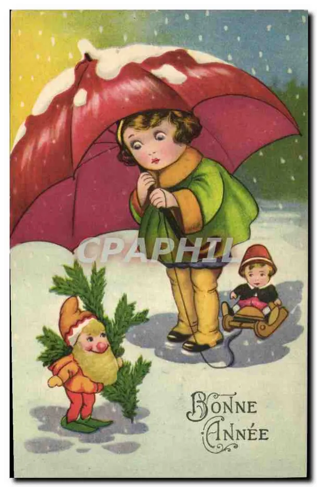 Kind unter einem schneeverwehten Schirm — Frohes Neues Jahr — T. Boupure - Vorderseite
