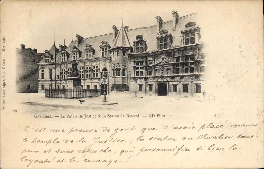 Grenoble — Das Palais de Justice & die Statue von Bayard — Papeterie des Alpes, Eug. Robert - Vorderseite