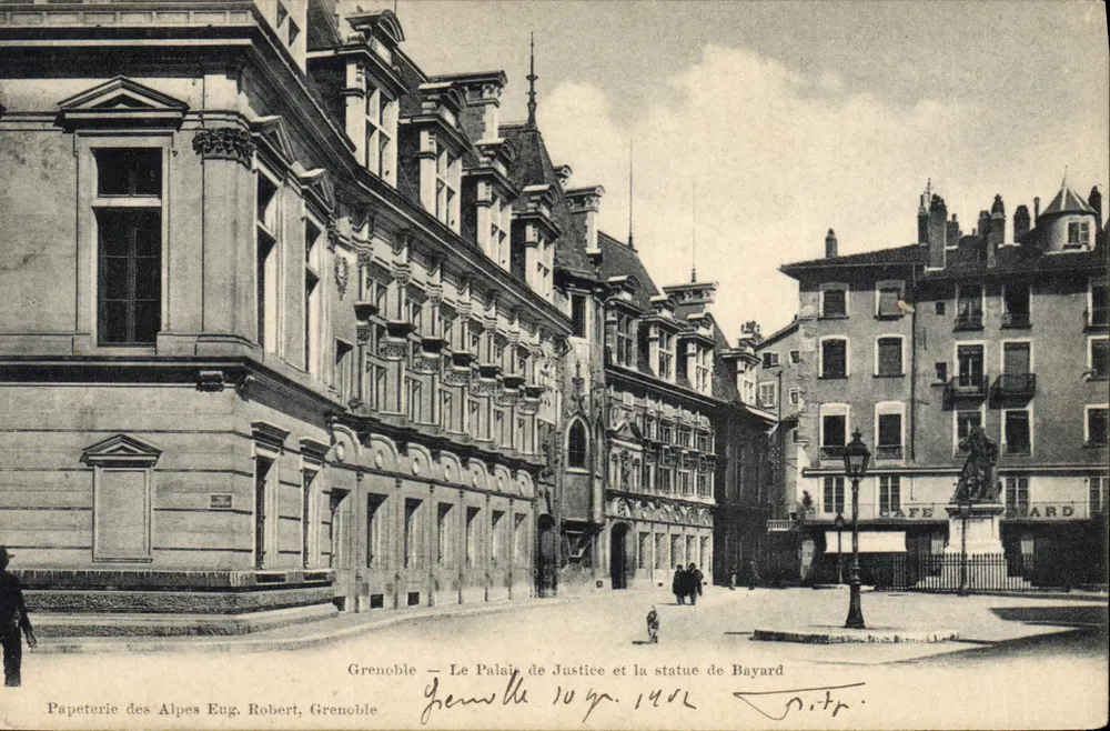 Grenoble — Das Palast der Justiz und die Statue von Bayard — Papeterie des Alpes Eug. Robert, Grenoble - Vorderseite