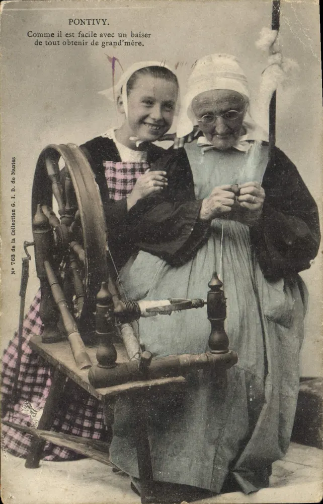 Pontivy — Szenen aus dem Leben mit einer Großmutter und einem Mädchen neben einer Spinnmaschine — Verleger G. I. D. de Nantes, Nr. 763 - Vorderseite