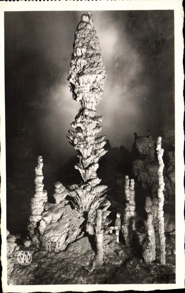 Aven d'Orgnac — Lichtspiel auf einer Stalagmite in Form einer Kiefernzapfen — Foto Albert Perret - Vorderseite