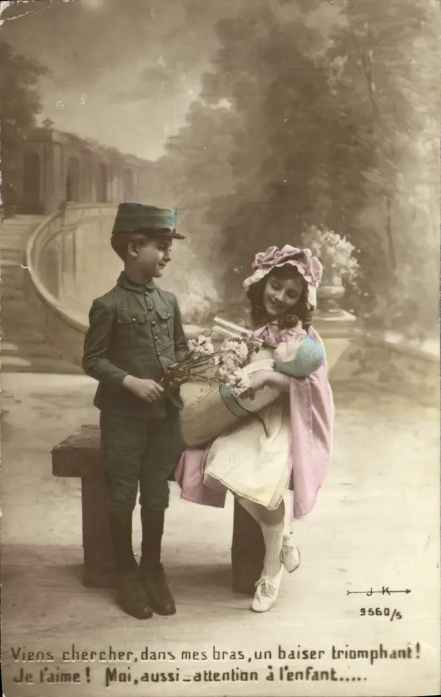Kinder spielen — Garten-Szene mit Bank — Verlag J.K. n° 9560/5 - Vorderseite