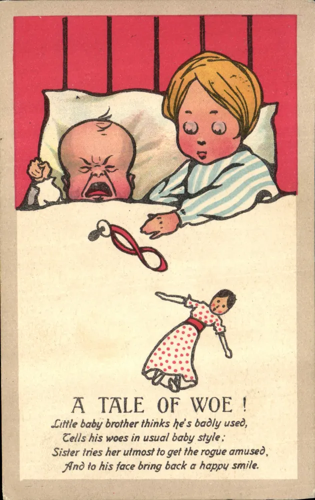 Sorella e fratellino neonato — scena comica — cartolina postale stampata in Gran Bretagna - Recto