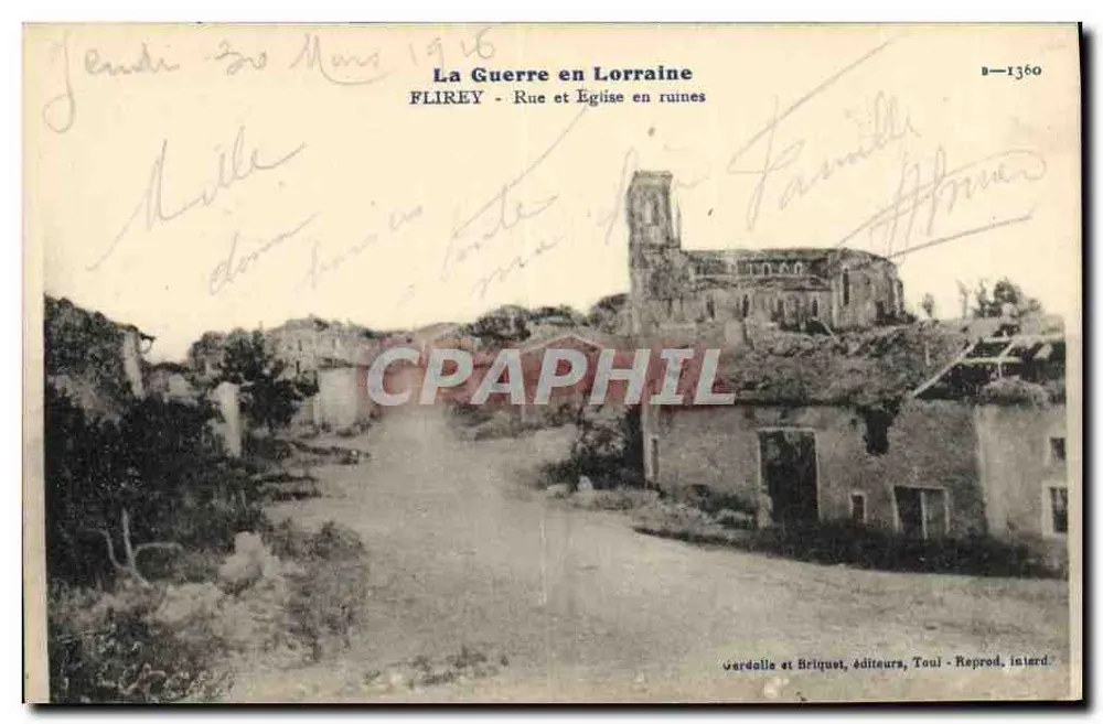 Flirey - Straße und zerstörte Kirche — Krieg in der Lothringen — Verdalle et Briquet, Toul - Reprod. interd. - Vorderseite
