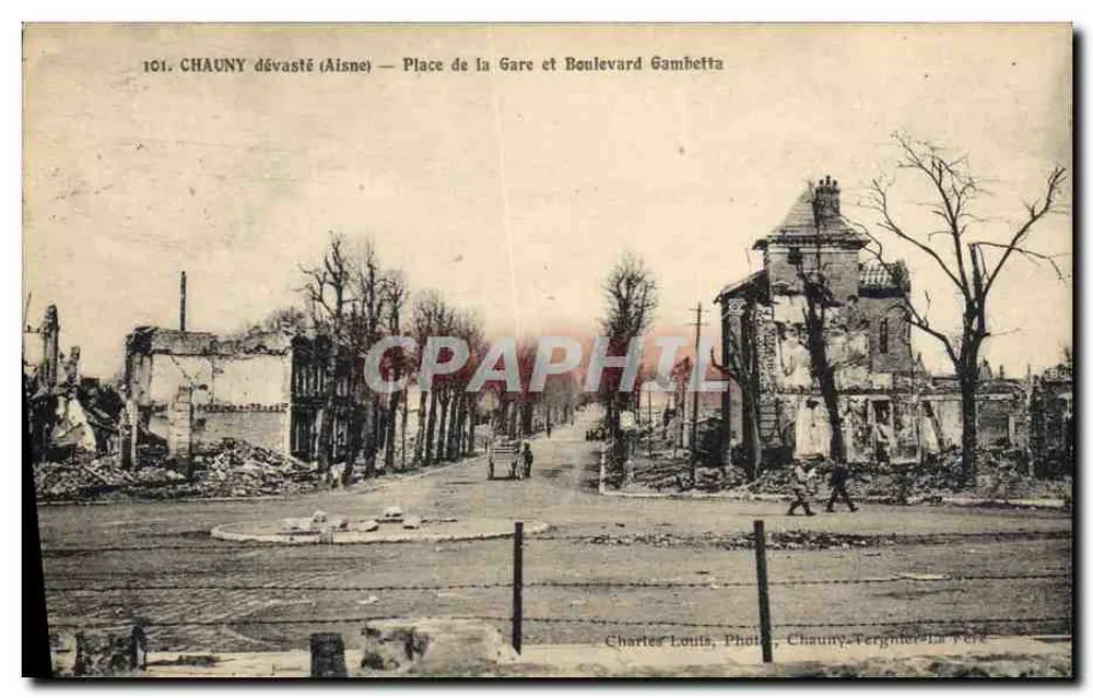 Chauny zerstört (Aisne) — Platz der Bahnhofs und Boulevard Gambetta — Charles Louis, Photo, Chauny, Tergnier - Vorderseite