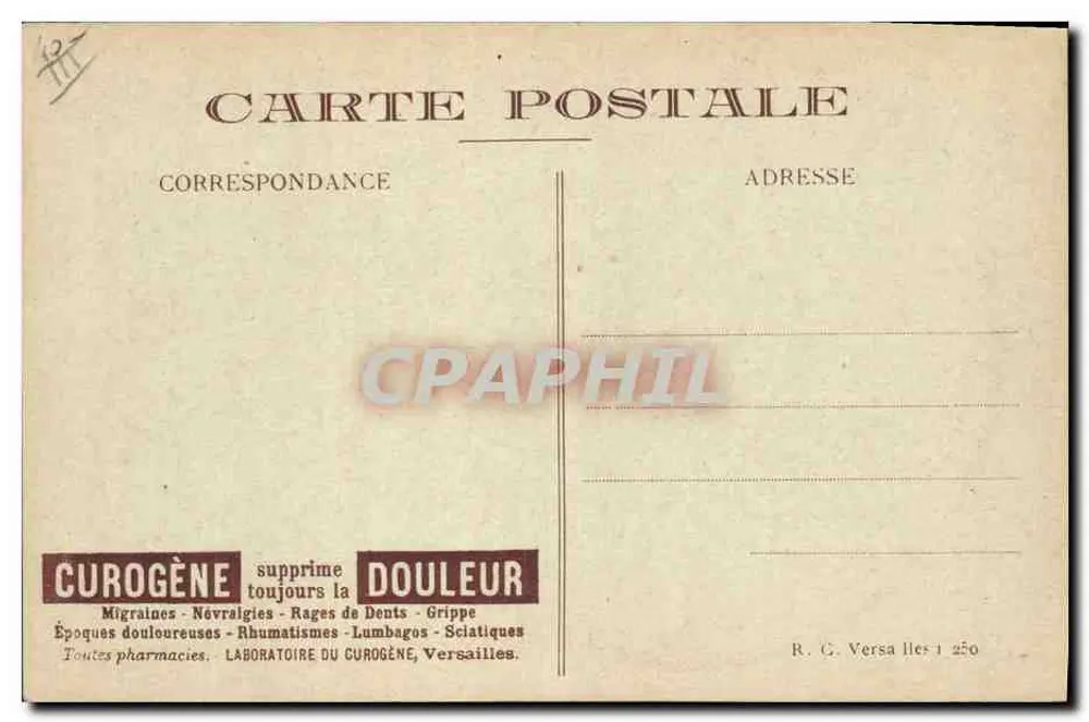 Auvergne — paisagem com castelo e homem com traje local — gravura de René Cousser - Verso