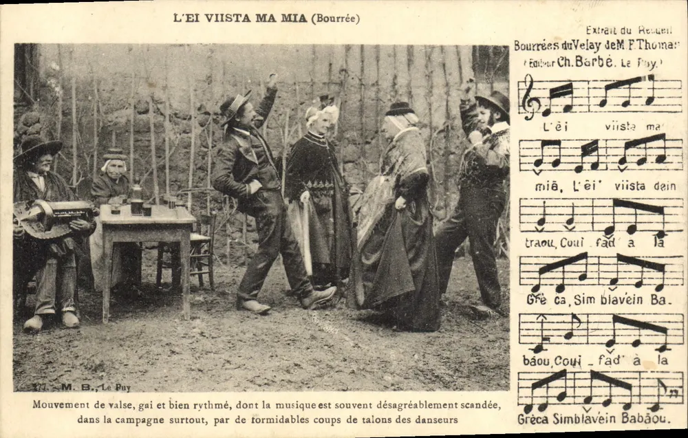 Dançarinos em trajes tradicionais — Bourrée — M. B., Le Puy - Frente