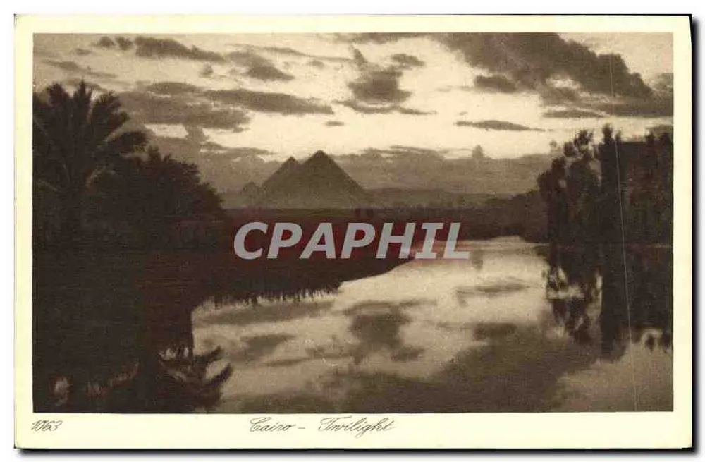Cairo - Twilight — vista das pirâmides ao crepúsculo — editor Lehnert & Landrock, n° de série 1063 - Frente