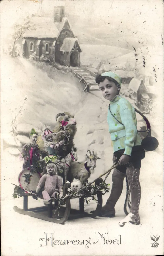 Kind mit Schlitten zur Weihnacht — Winterlandschaft mit Verlag Paris 460 - Vorderseite