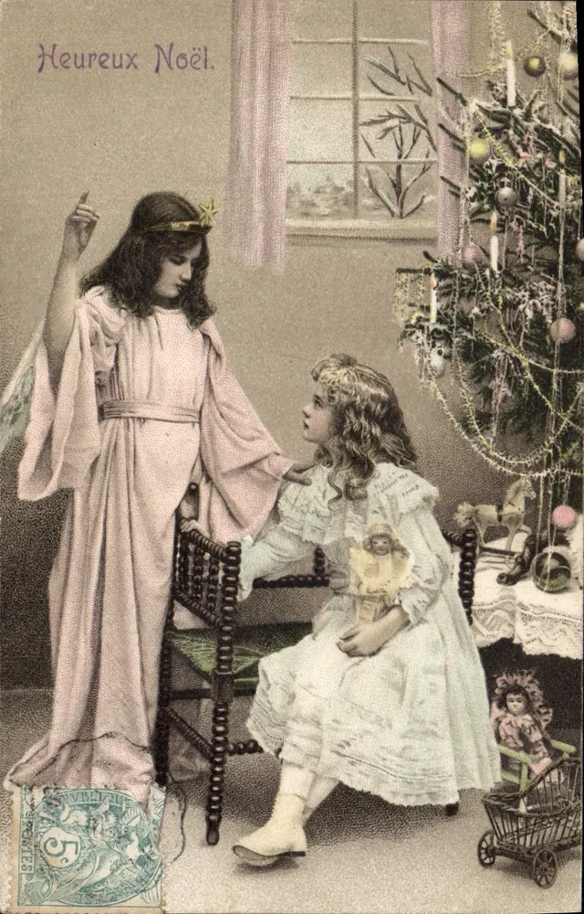 Kind und Engel vor einem Weihnachtsbaum — Frohe Weihnachten — Verleger: Frohe Weihnachten - Vorderseite