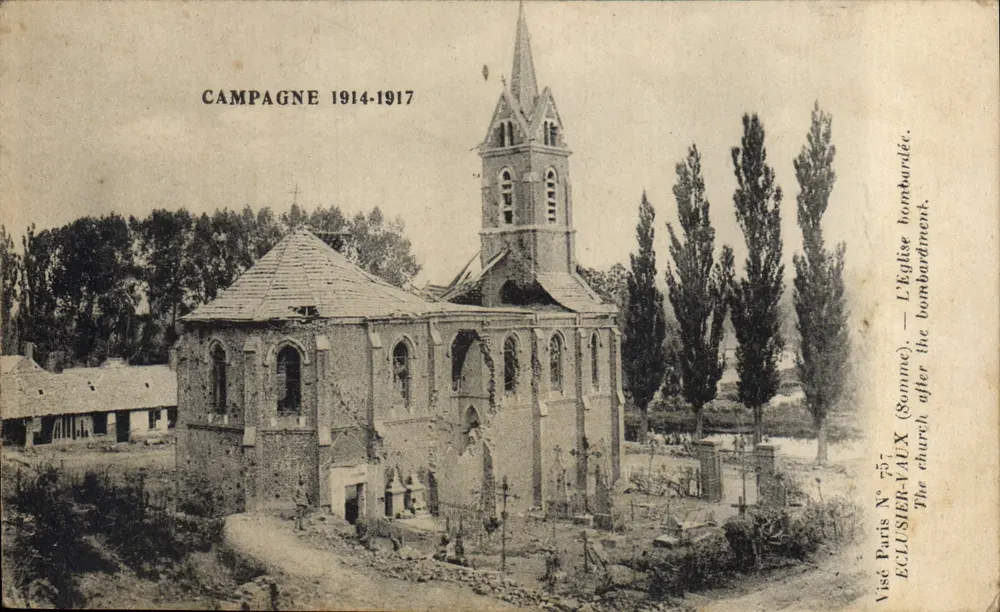 Igreja de Eclusier-Vaux — destruída por bombardeio — Visé Paris N° 557 - Frente