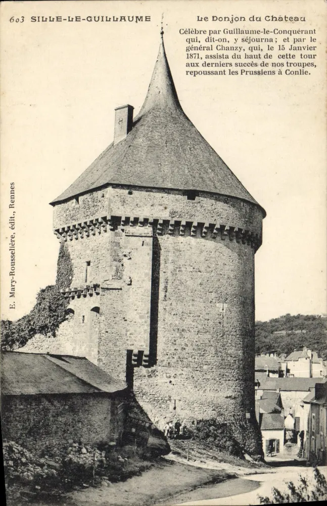 Sille-le-Guillaume — O Donjon do Castelo — E. Mary-Rousselière, editora, Rennes, n°603 - Frente