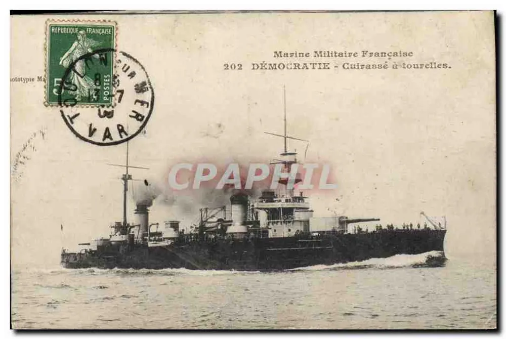 Démocratie — Cuirassé à tourelles — Marine Militaire Française, éditeur Polytotype Ma - Vorderseite