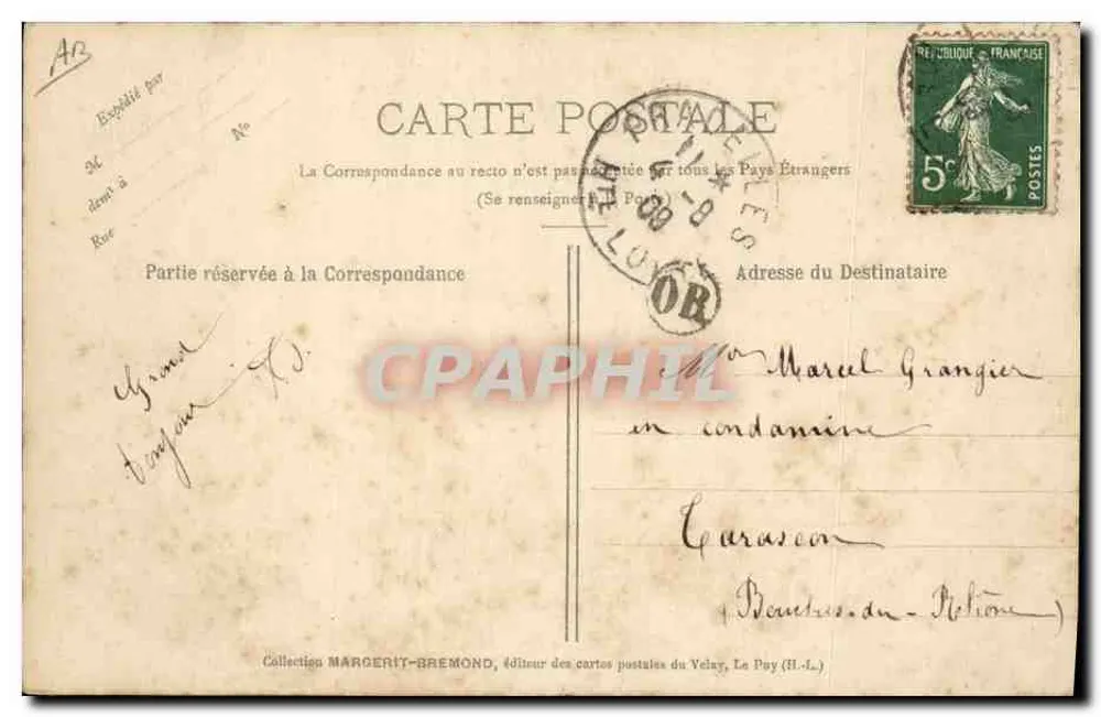 Cena de rua em frente ao Hotel V. Monier — La Voulée la Rouzette (Bourrée) — Cliché M.B. - Rep. int. - Editor Le Velay Illustré, n°1124 - Verso