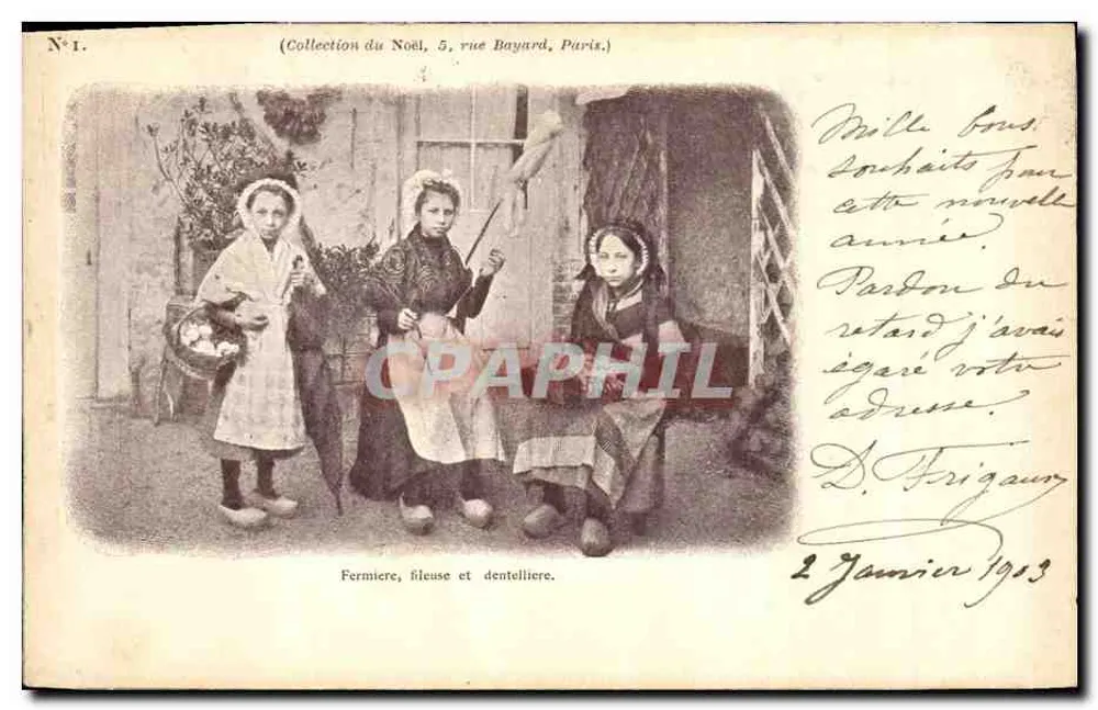 Fermière, fileuse e dentellière — Coleção de Natal, 5, rue Bayard, Paris — N°1 - Frente