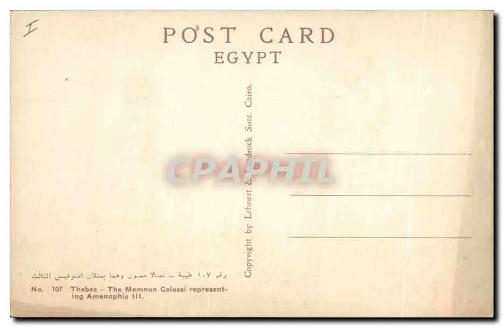Die Colossen von Memnon in Theben — Ägypten — Verlag Lennert & Handrock, Kairo, Nr. 107 - Rückseite