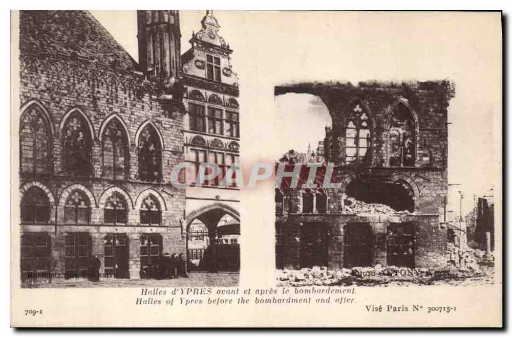 Markthalle von Ypres vor und nach der Bombardierung — Visé Paris N° 300715-1 - Vorderseite