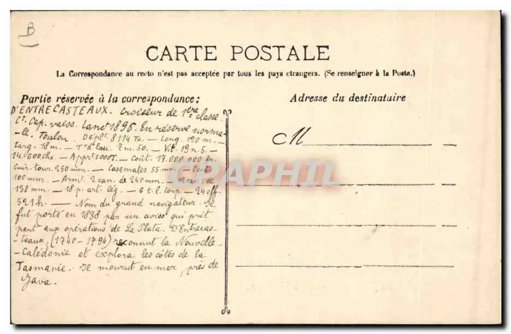 Le D'Entrecasteaux — Kreuzer der ersten Klasse — Guende phot. Marseille - Rückseite