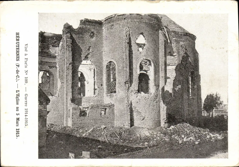 Hébuterne (P.-de-C.) — Die Kirche am 5. März 1915 — Stempel in Paris N° 109 - Vorderseite