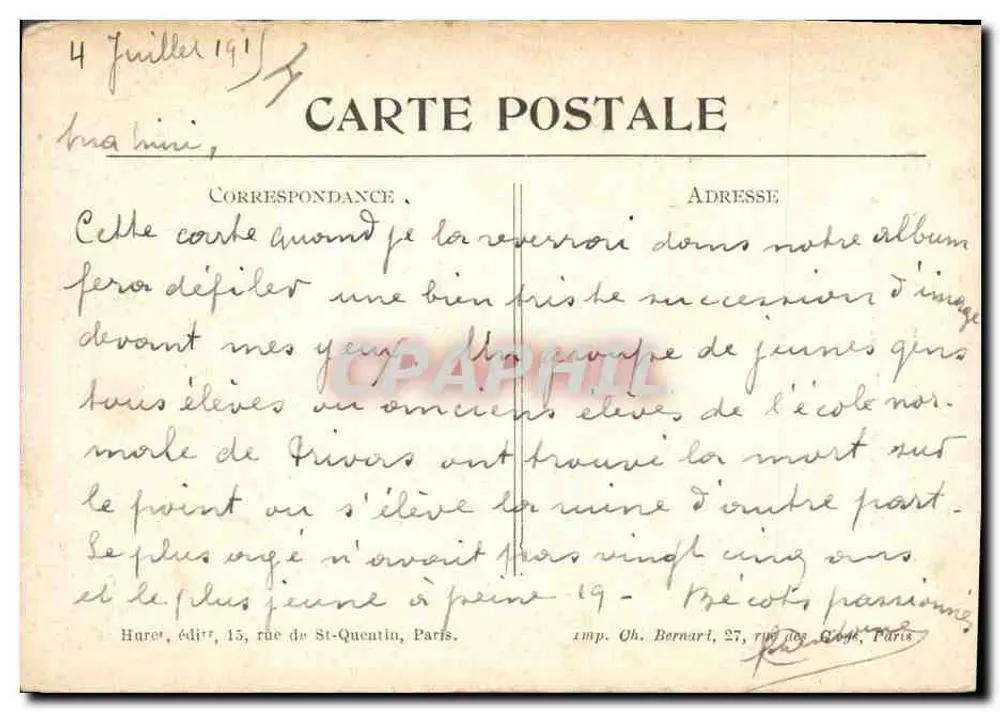 Hébuterne (P.-de-C.) — Die Kirche am 5. März 1915 — Stempel in Paris N° 109 - Rückseite