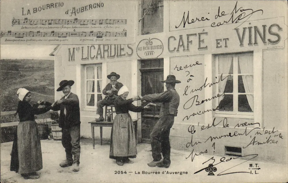 A Bourrée de Aubergne — cena de aldeia — M. Licardies, café e vinhos, 1899 - Frente