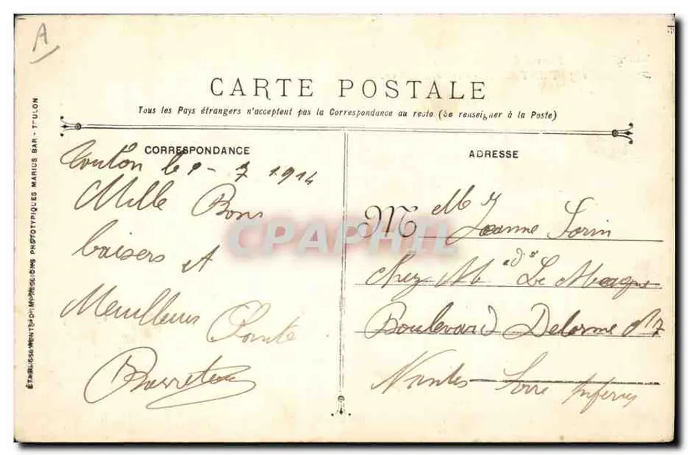 Infanterist - Torpedoboot — Französische Marine — Verleger: Bar-Tulon Phototypic Establishments - Rückseite