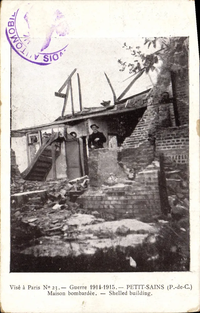 Petit-Sains (P.-de-C.) — Casa bombardeada durante a Guerra 1914-1915 — Huret, editor - Frente