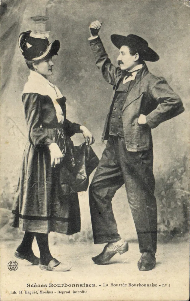 Scènes Bourbonnaises — La Bourrée Bourbonnaise — H. Baguet, Moulins, n°1 - Recto