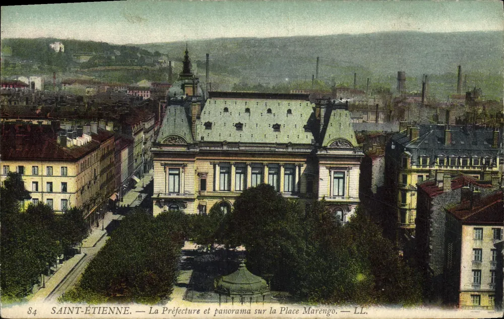 Saint-Étienne. — Das Präfekturgebäude und Panorama über den Platz Marengo. — LL. — Nr. 84 - Vorderseite