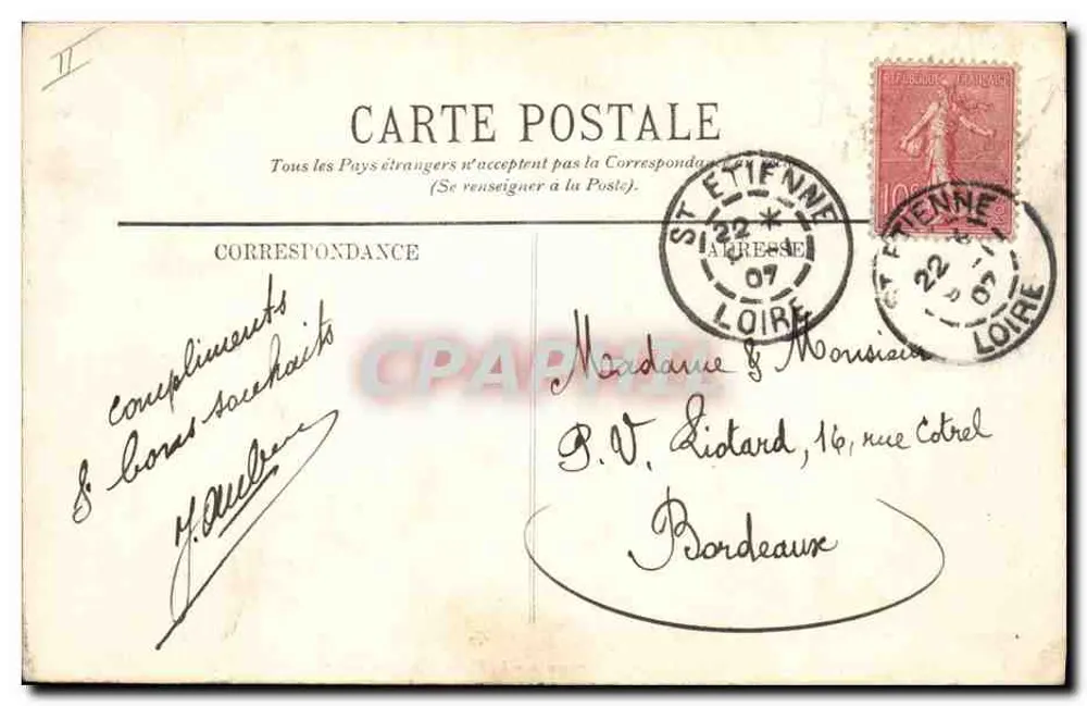 Saint-Étienne. — Das Präfekturgebäude und Panorama über den Platz Marengo. — LL. — Nr. 84 - Rückseite
