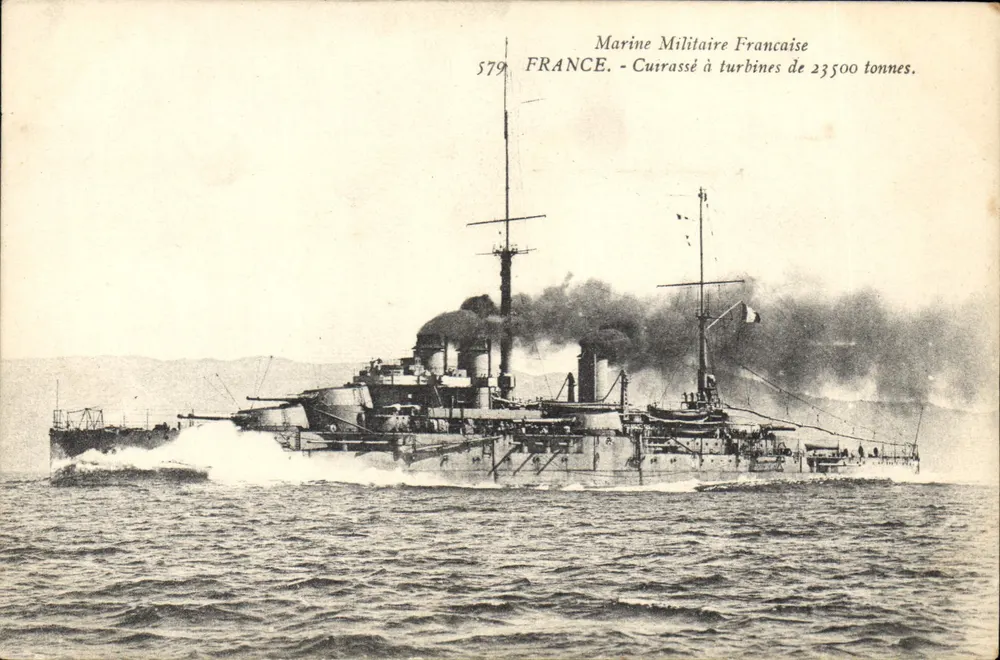 Antike Ansichtskarte — Schlachtschiff France — Französische Marine von 23500 Tonnen — unbekannter Verlag, n° 579 - Vorderseite