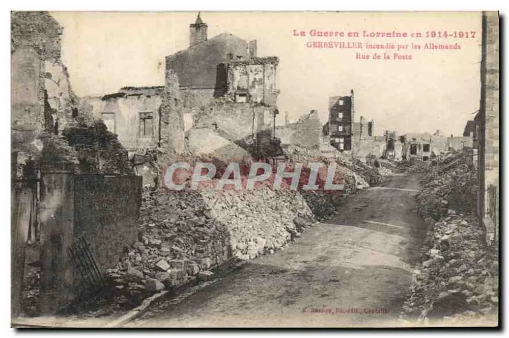 Gerbéviller — Ansicht der Poststraße, von den Deutschen angezündet — S. Bresson, Lith. in Lyon - Vorderseite