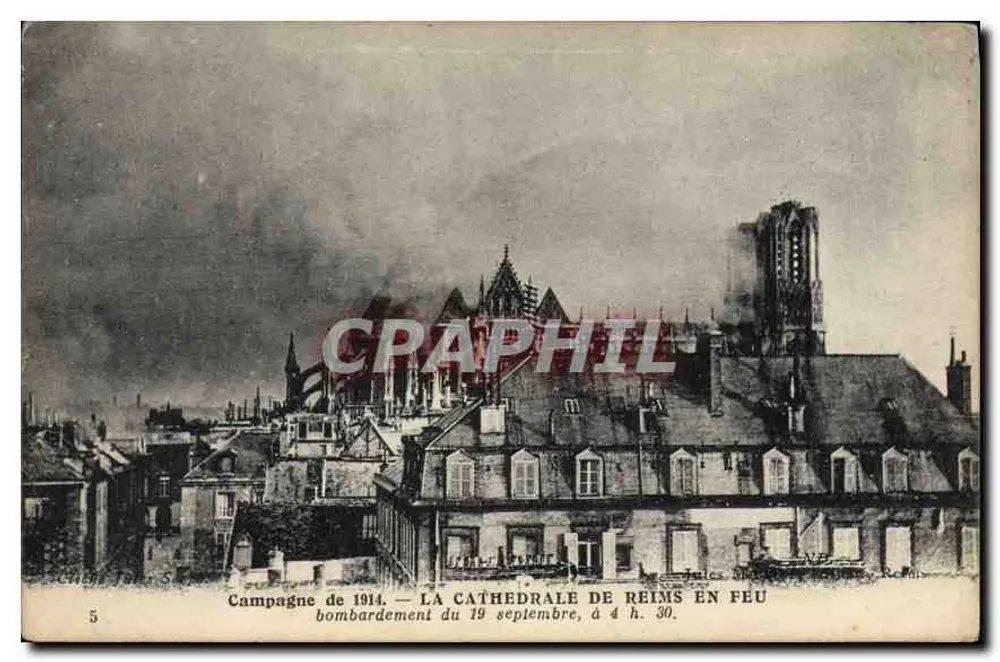 Kathedrale von Reims in Flammen — Bombardierung am 19. September 1914 um 4:30 Uhr — Verlag Choiset & Cie, n°5 - Vorderseite