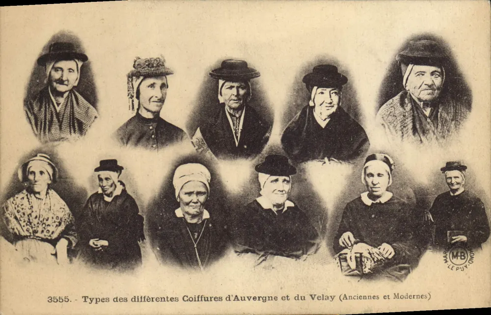 Typen verschiedener Frisuren aus Auvergne und Velay (Alt und Modern) — Serie 3555 — Verlag M.B. LE PUN, LONDON - Vorderseite