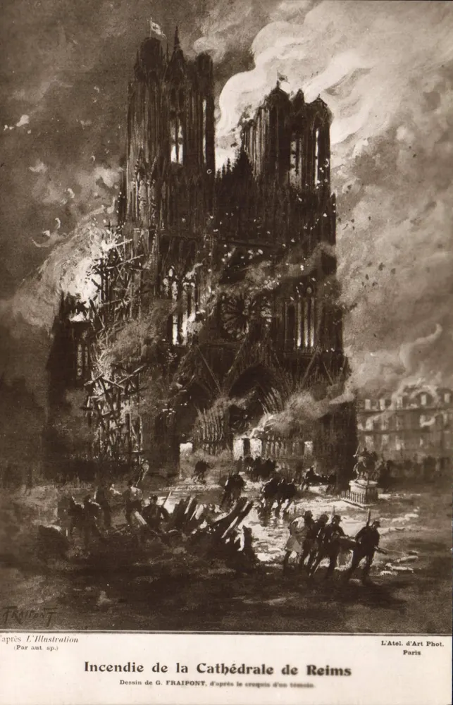 Brand der Kathedrale von Reims — Zeichnung von G. Fraipont nach einem Zeichnung eines Zeugen — Atelier d'Art Phot. Paris - Vorderseite