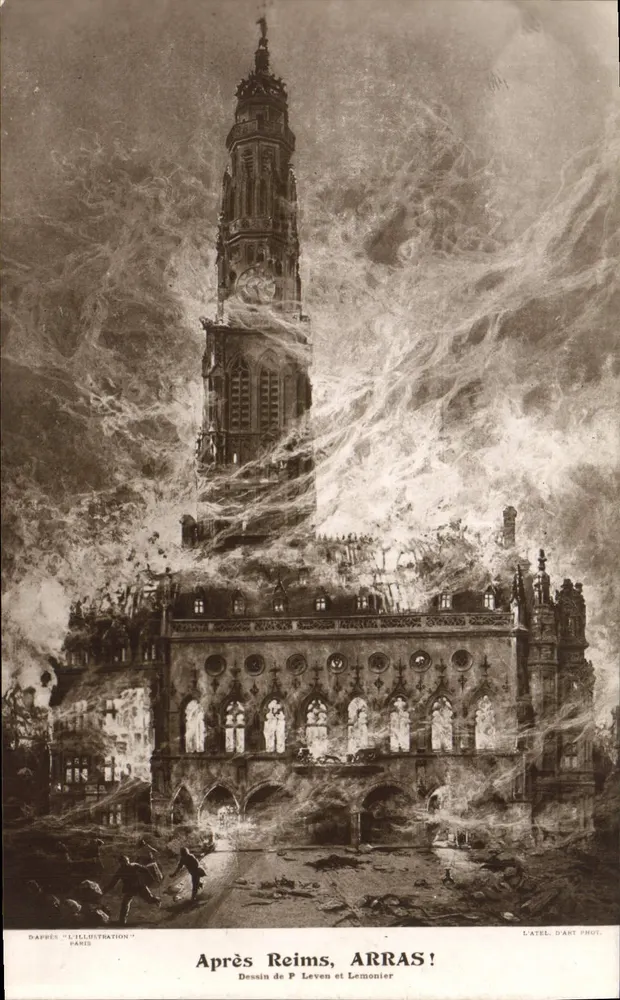 Reims após os bombardeios — desenho de P. Leven e Lémonnier — L'Atelier d'Art Phot. Paris - Frente