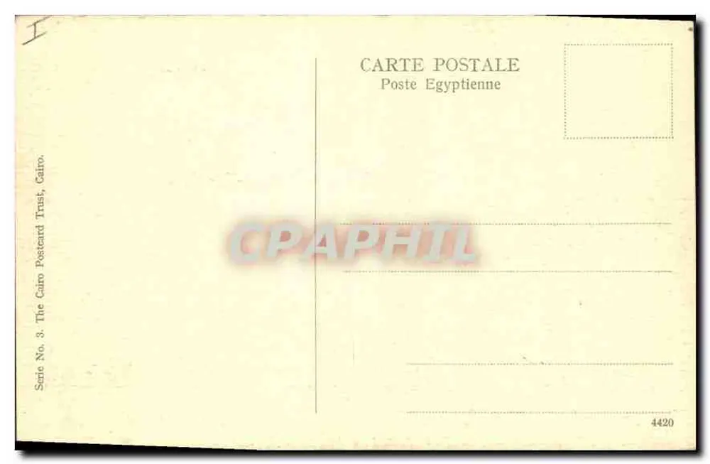 Museu do Cairo — Sala dos sarcófagos e estátuas egípcias — Editor: The Cairo Postcard Trust, série 3 - Verso
