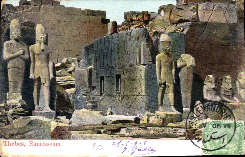 Teby, Ramsès II — statuie i ruiny świątyni — wydawca F. Galle, nr 855 - Awers