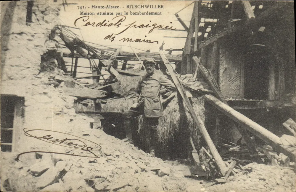 Bitschwiller — Haus beschädigt durch Bombenangriff — Karteikarte Nr. 741 - Vorderseite