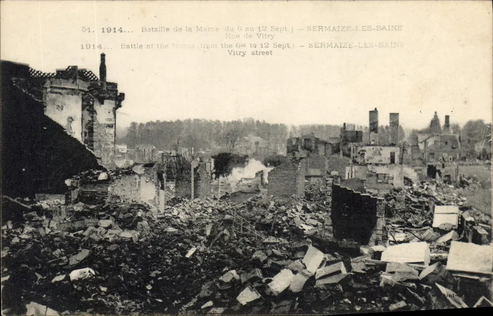 Destruições em Sermaize-les-Bains — Rue de Vitry — Batalha da Marne (6-12 set. 1914) — Editor desconhecido, n° 51 - Frente