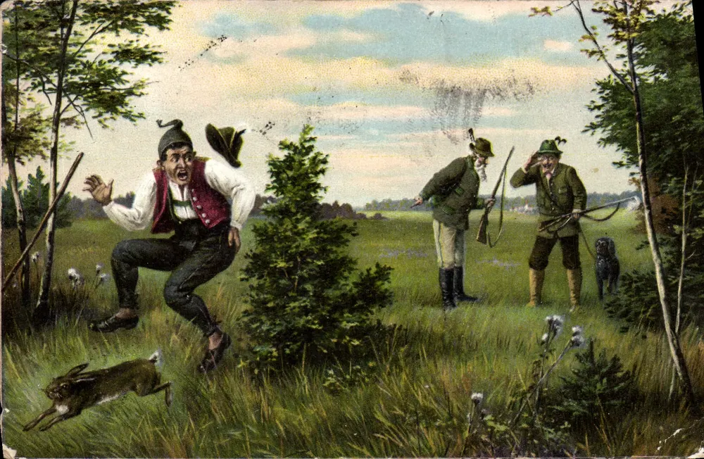 Chasseurs et homme effrayé — scène de chasse en forêt — éditeur anonyme - Frente