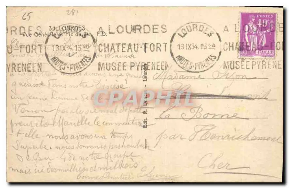 Lourdes — vue générale du château-fort et du musée pyrénéen — éditeur Doucet - Verso