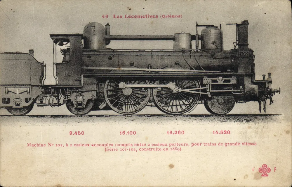 Máquina N° 102 — Locomotiva com 2 eixos acoplados — Série 101-102, Orléans - Frente