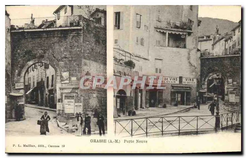 Grasse (A.M.) Porte Neuve — vue de l'arche et des commerces — P. L. Maillan, édit., Cannes 19 - Recto