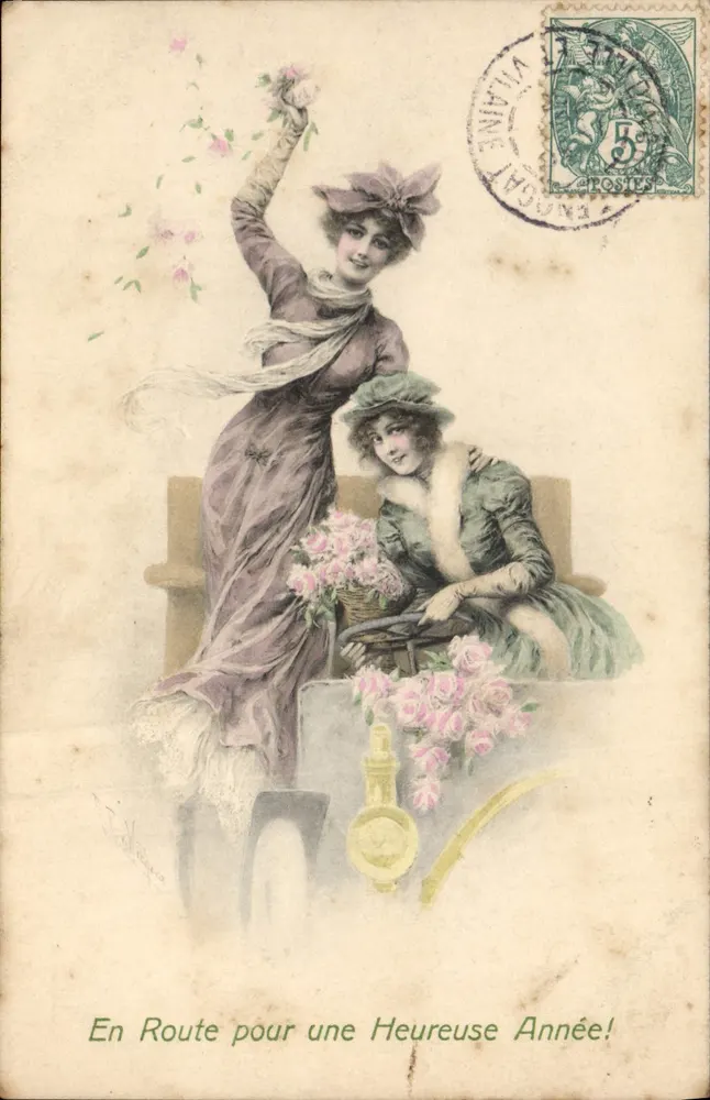 Zwei junge Frauen mit Rosen — Auf dem Weg zu einem glücklichen Jahr! — M. M. Vienne, Nr. 240 - Vorderseite
