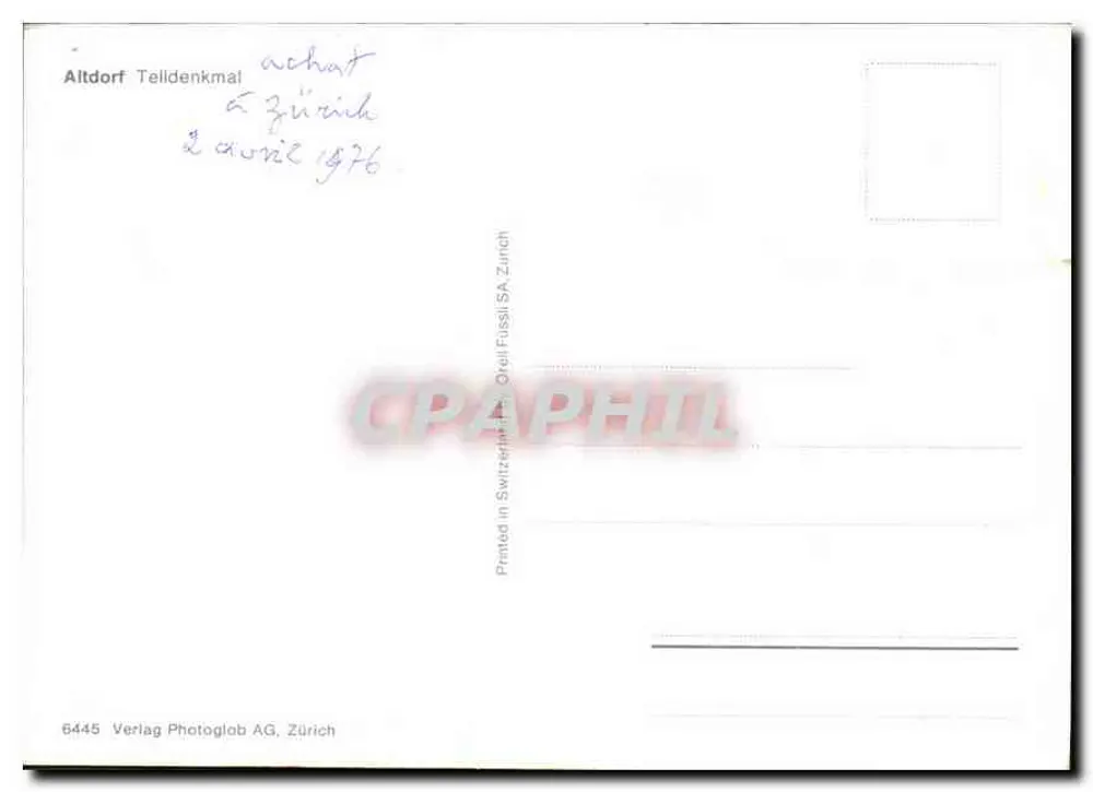 Estátua do soldado e de uma criança — Altdorf — Verlag Photoglob AG, Zürich - Verso