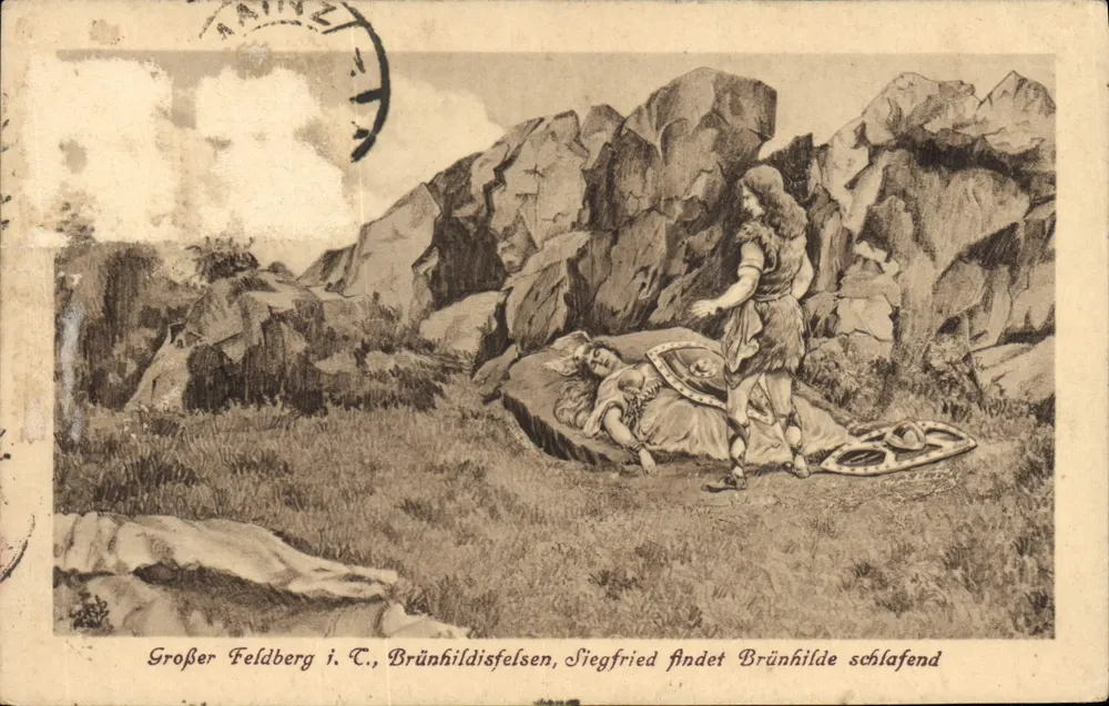 Großer Feldberg i. T., Brünhildsfelsen — Siegfried findet Brünhilde schlafend — Verlag M. Jacobs, Frankfurt a. M. - Vorderseite