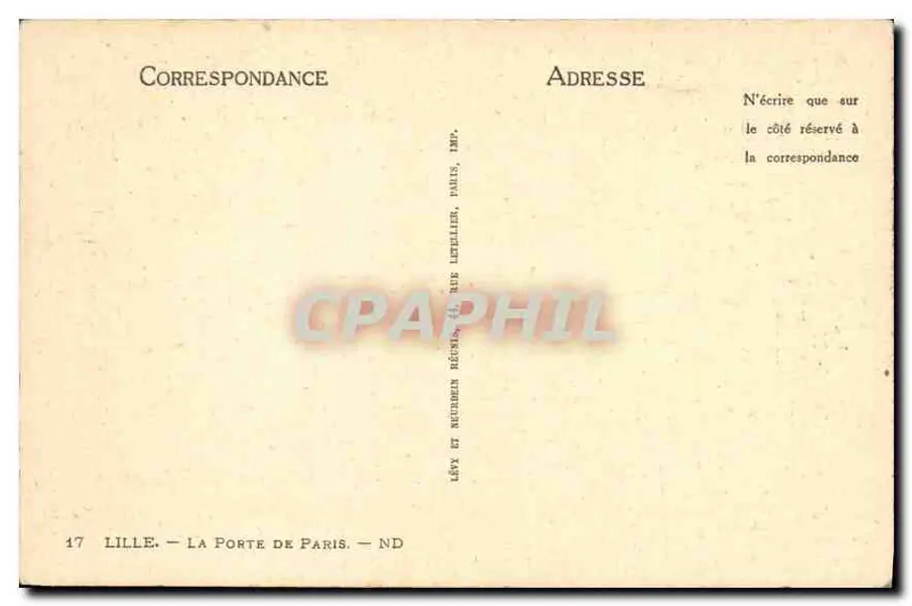 Lille — A Porta de Paris — Lévy e Neubrén Rédis, 17 rue Letellier, Paris - Verso