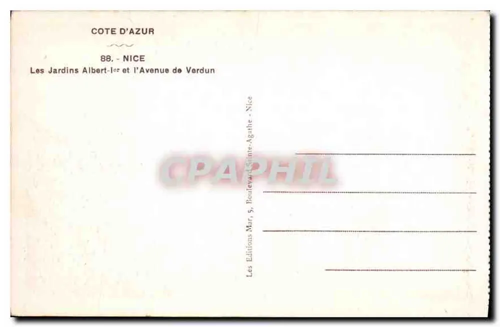 Nice — Die Gärten Albert I und die Avenue de Verdun — Éditions Mar. S. Poutewa, Sainte-Agathe - Nice - Rückseite