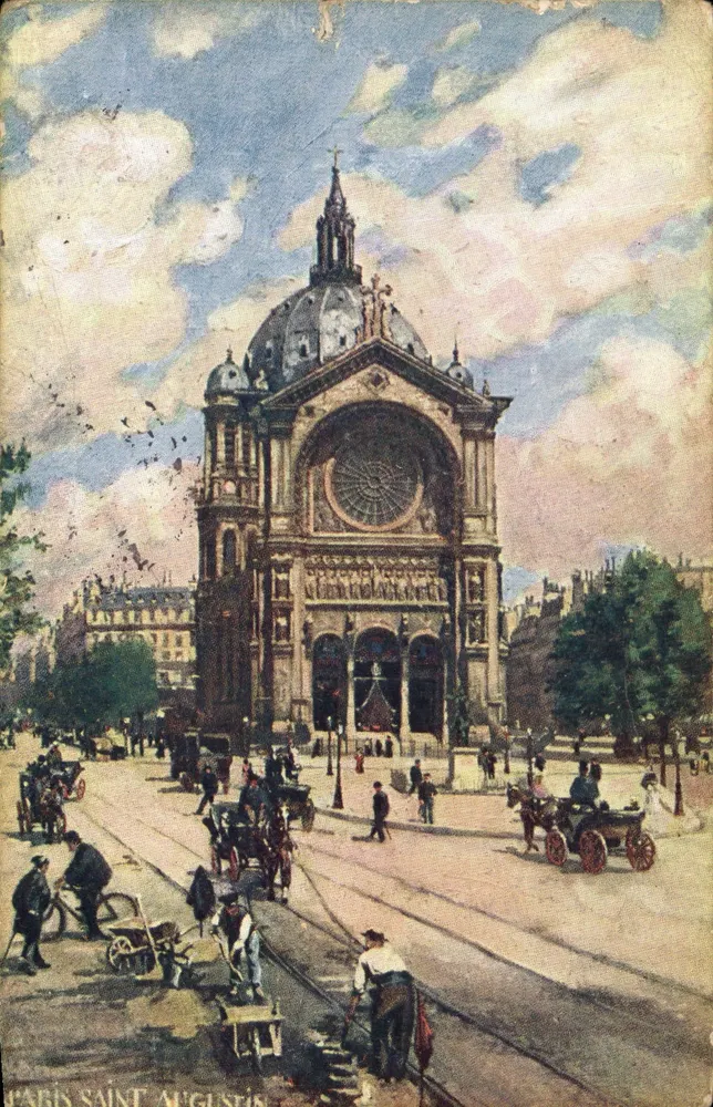 Paris Saint-Augustin — façade de l'église avec tramways et calèches — éditeur imprimeur non visible - Awers
